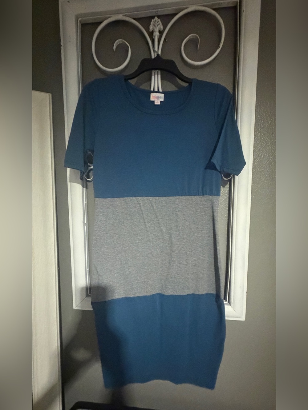LuLaRoe Blue and Heather Gray Colorblock Midi Dress